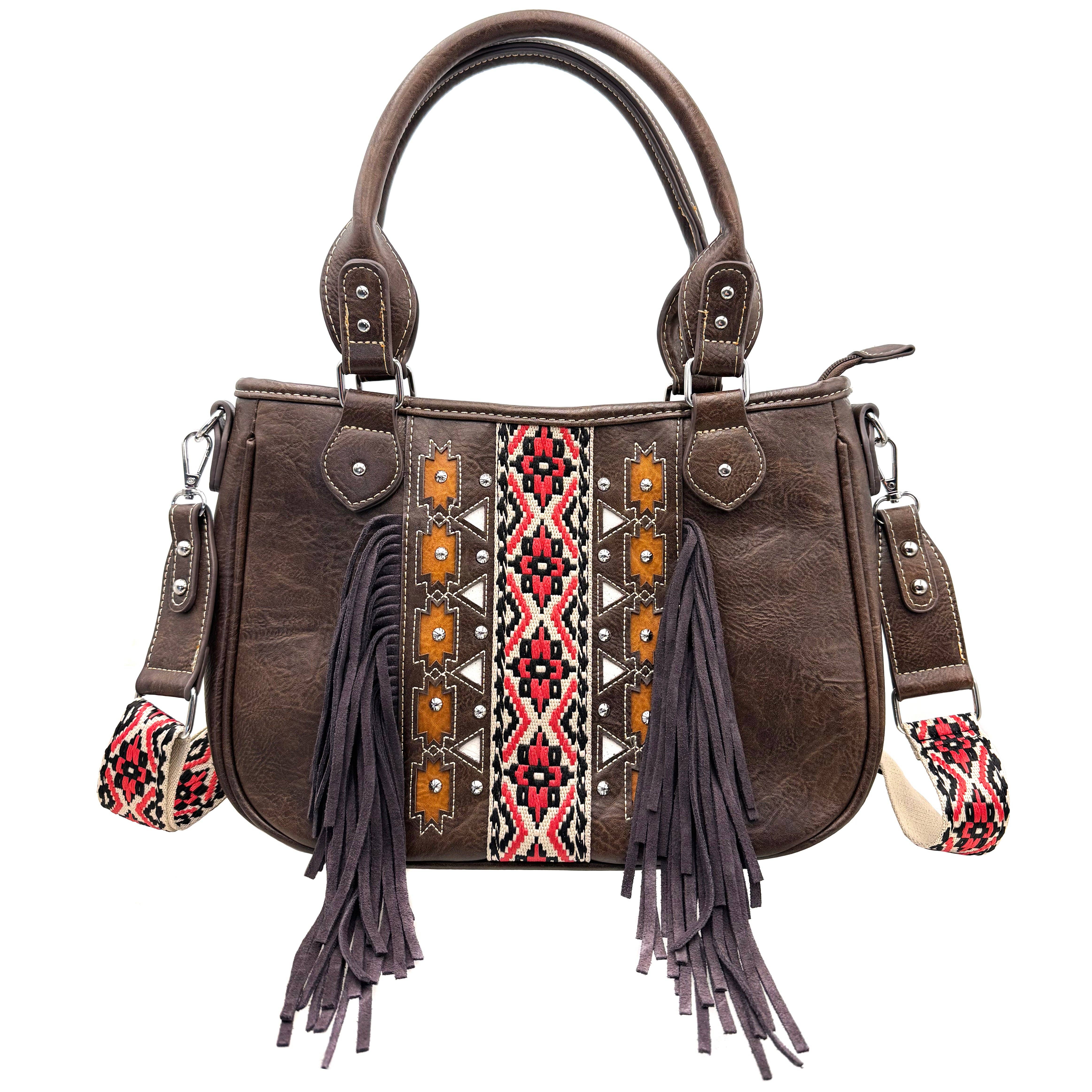 Lunar Deer – Engroshandel Skuldertaske – til kvinder – Aztekisk stammeprint frynse vestlig håndtaske pung6