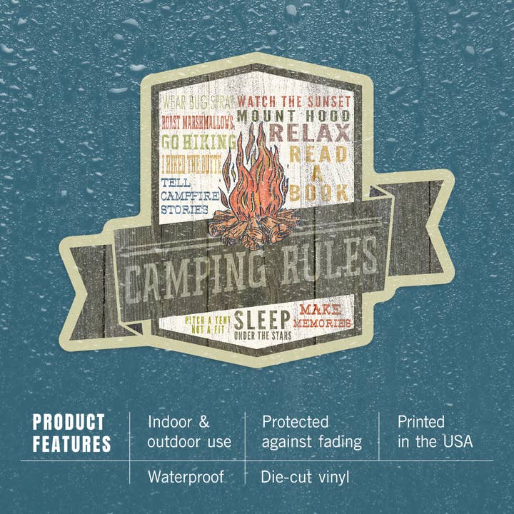 Lantern Press - Wholesale Sticker - Vinyl Sticker Camping Rules, Typography3