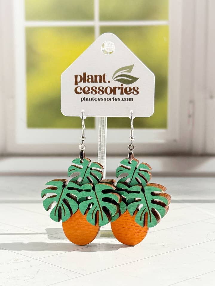 Layered Wood Monstera Earrings for wholesale by plant.cessories