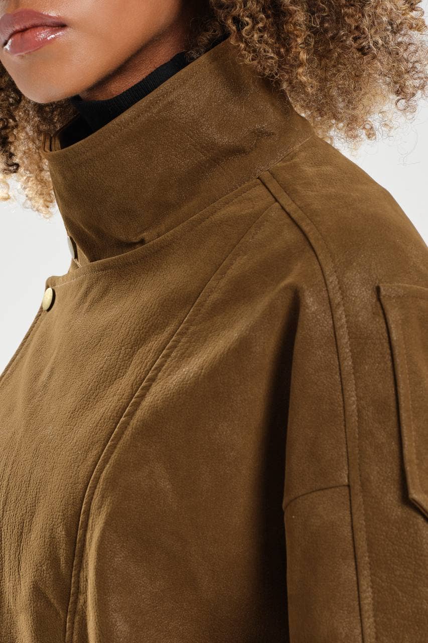 DesignofBoho - Wholesale Jacket - Women's - Oversized Brown Faux Suede Jacket with High Collar and Belt2