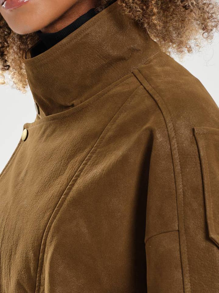 DesignofBoho - Wholesale Jacket - Women's - Oversized Brown Faux Suede Jacket with High Collar and Belt2