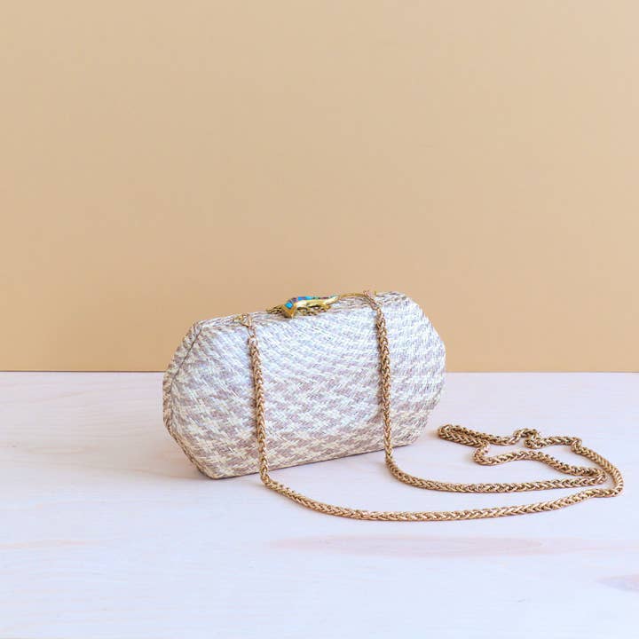 Dusty Rose Houndstooth Clutch - Straw Clutch | LIKHÂ for wholesale on Faire