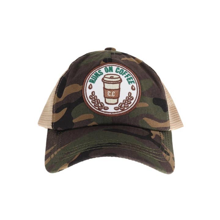 C.C Beanie - Wholesale Ponytail Cap - Women's - Embroidered Runs on Coffee Patch C.C High Pony Criss Cross B