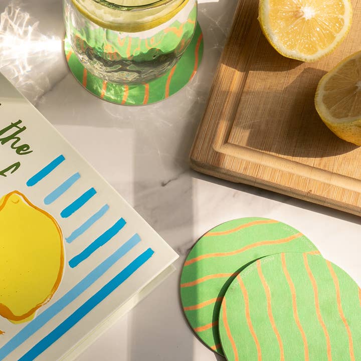 Gather Goods Co - Cards, Coasters, Tea Towels, Art, Mugs - Wholesale Coasters - Green & Yellow Wiggly Line Striped Coaster, Set of 40