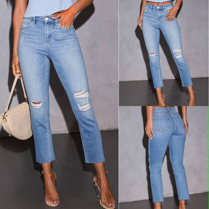 Women's Distressed Ankle Stretch Destroyed Jeans Denim Pants for wholesale on Faire