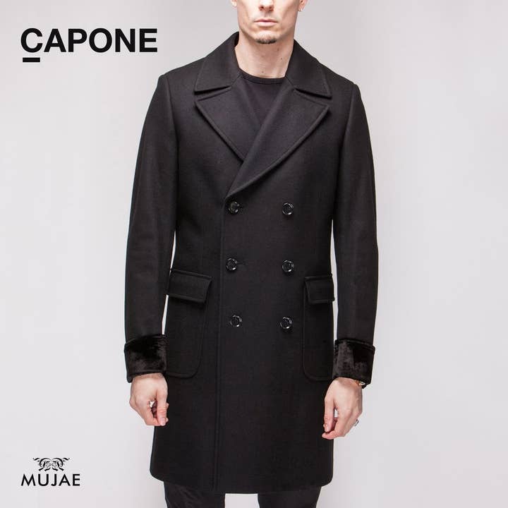Capone - Silk Velvet Cuffs Wool Black Coat for wholesale by Mujae