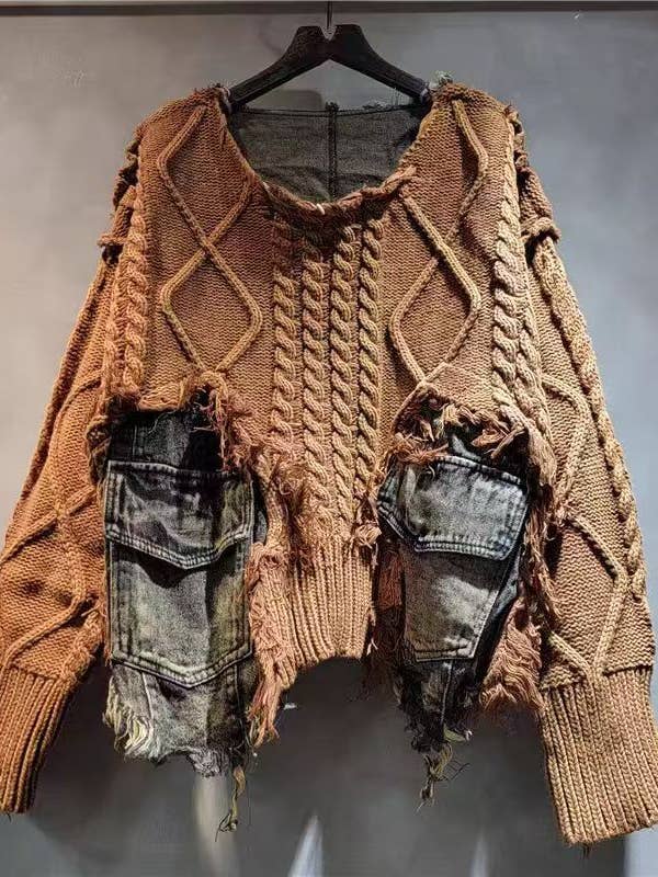 M198 Denim Patchwork Knit Pullover – Distressed Slim Fit and other Purchase Wholesale spring sweaters. Free Returns & Net 60 Terms on Faire trending on Faire.