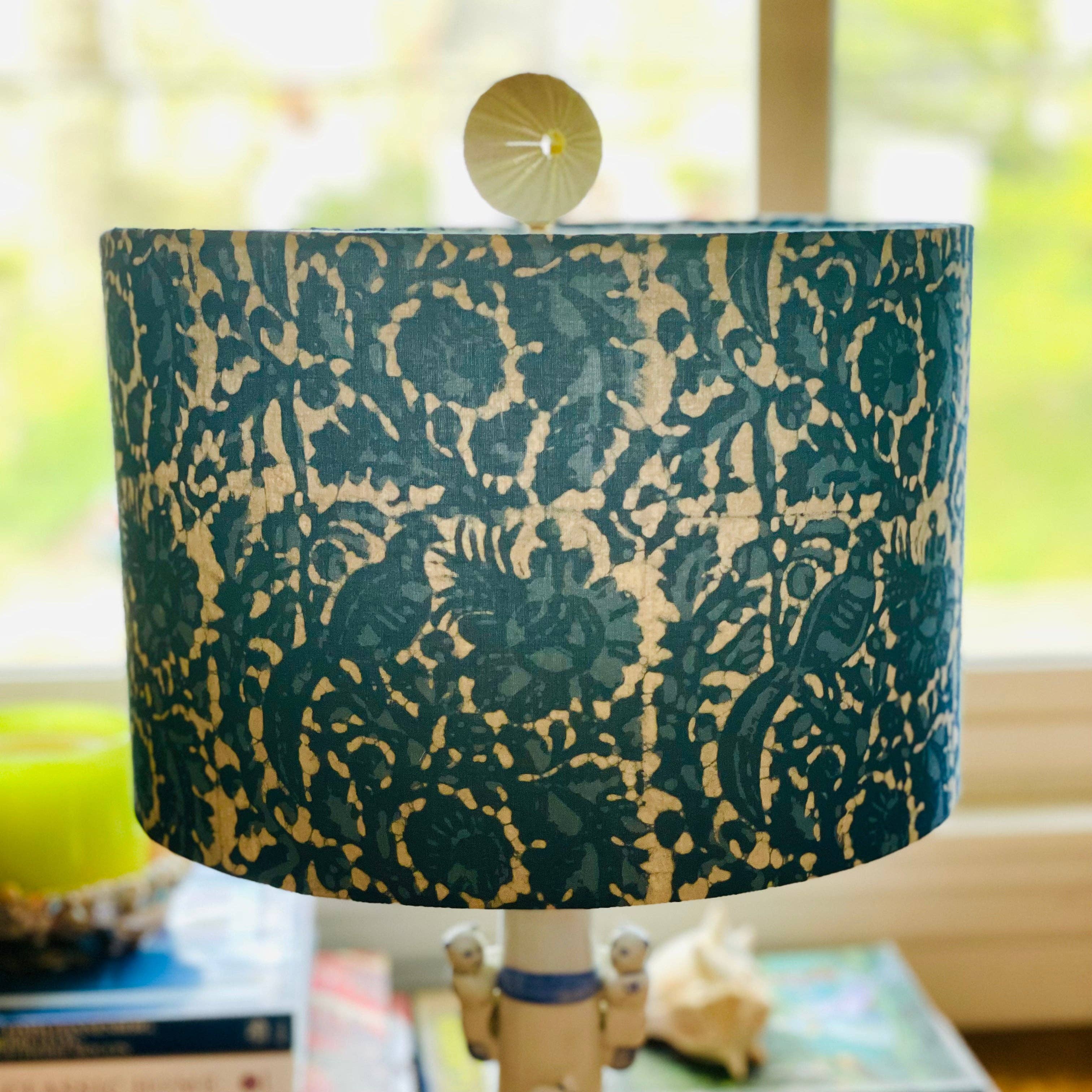 Olive and Limpet - Wholesale Lamp Shade - 12 Inch Drum Lampshade. Indigo Bagru Dabu Indian Hand Block Print. Peacock Motif.1