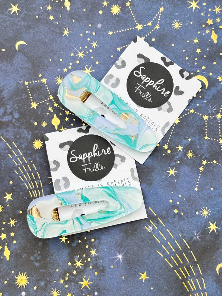 Teal, Pale Blue & White Marble Barrette Acrylic Hair Clip for wholesale by Sapphire Frills Ltd