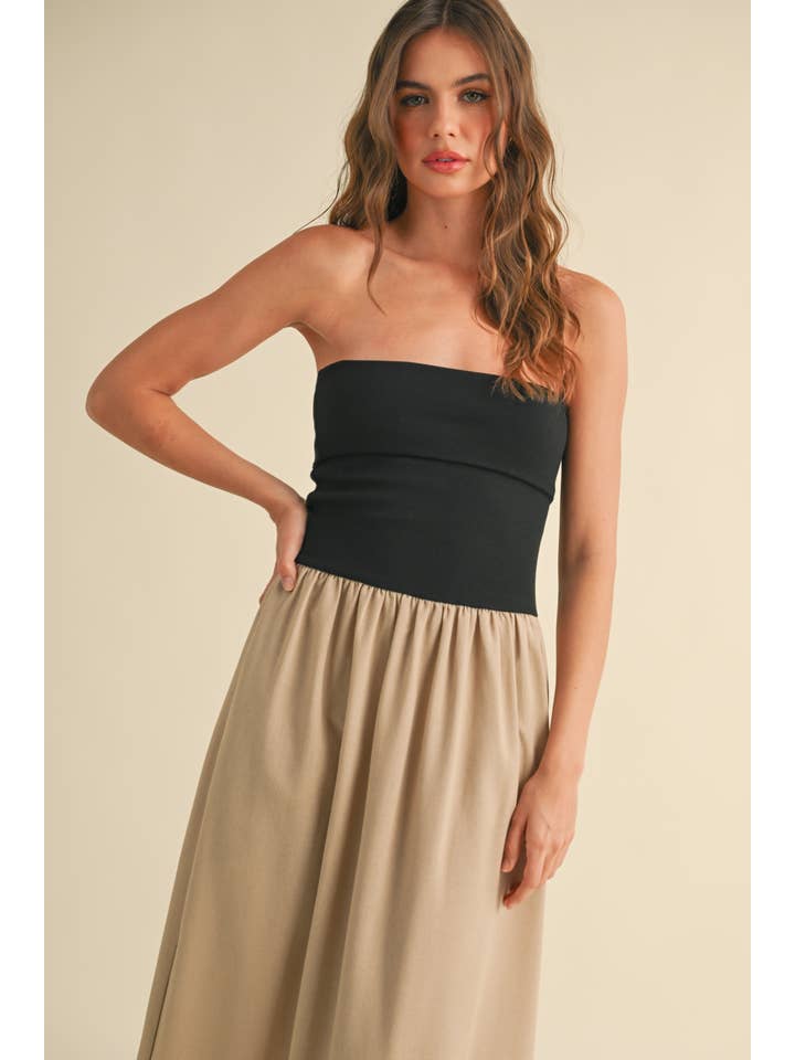 MIOU MUSE - Wholesale Dress - Women's - D3442 LINEN WITH RIBBED KNITTED TOP COMBO DRESS