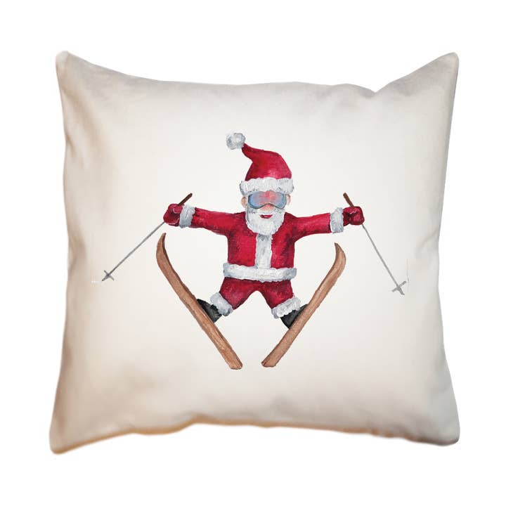 Quadratisches Kissen mit Weihnachtsmann auf Skiern für den Großhandel von Tina Labadini Designs