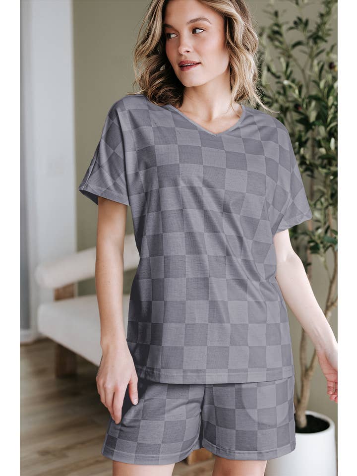 1 the Woman - Wholesale Lounge Set - Women's - Checkered V Neck Tee Drawstring Shorts Lounge Set