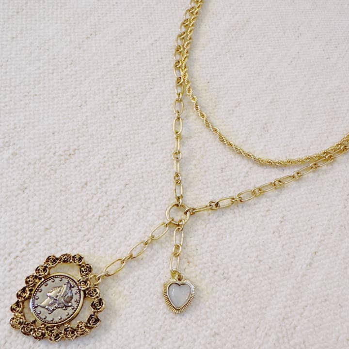 Double Chain Heart Pendant Necklace – Layered Gold Links with Vintage-Style Charm for wholesale by Ellison+Young