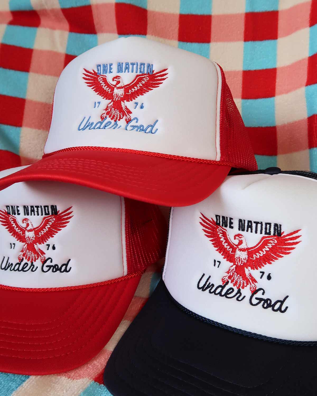 Sundrop - Wholesale Trucker Hat - Unisex - One Nation Under God Navy Trucker Hat - Embroidered July 4th3