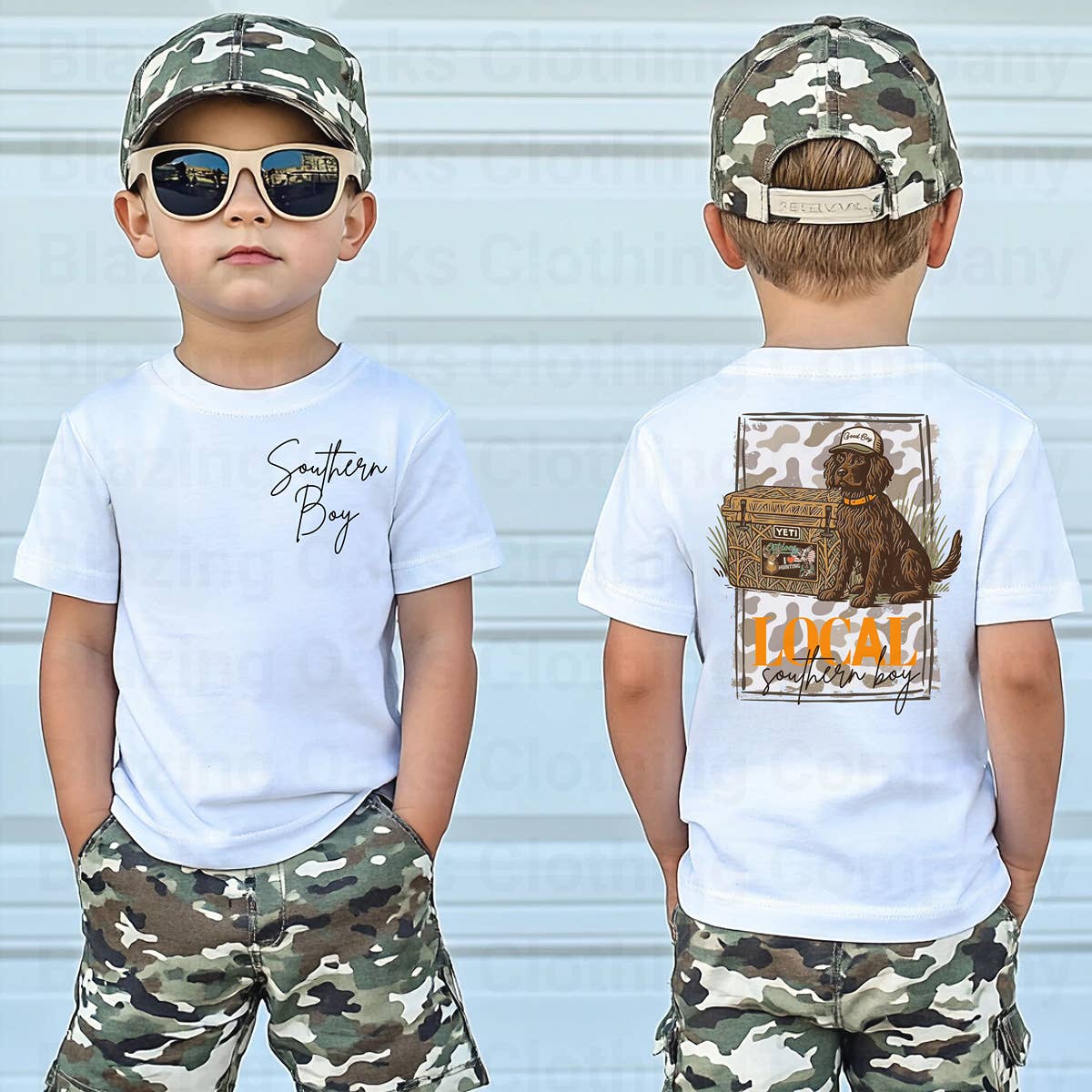Blazing Oaks Clothing Company – Großhandel T-Shirt mit Siebdruck – Kinder – Camo Southern Boy Jagdhund Kurzarmshirt