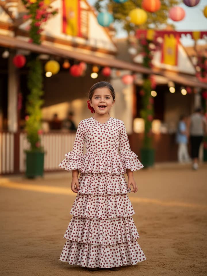 FLAMENCO JURK VOOR MEISJE WIT MET RODE STIPPEN 221121 voor wholesale door EMMA WU DESIGN