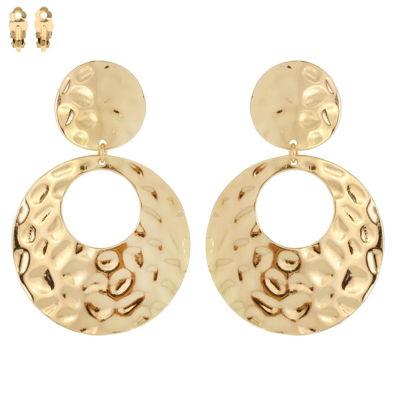 SP Sophia Collection - Wholesale Clip-On Earrings - 2 Tier Boho Hammered Metal Open Disc Dangle Clip On Earrings0