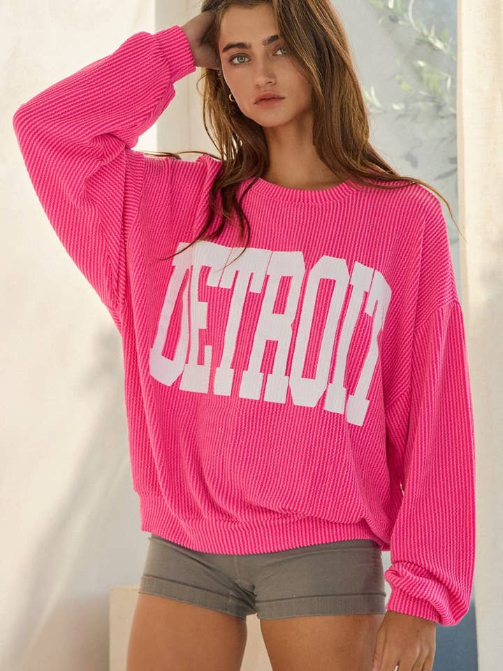 Fuchsia T1770-DETROIT 'DETROIT' Comfy Oversize Graphic Sweatshirt for wholesale on Faire
