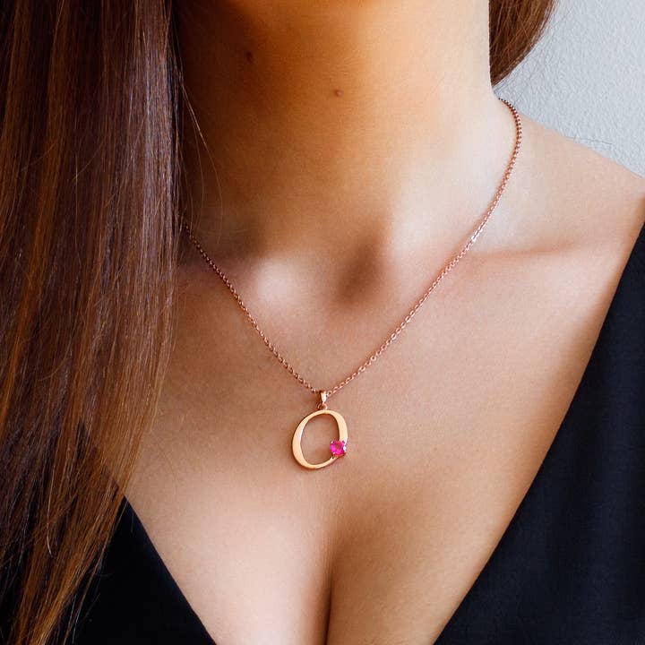Thesoftcheek Jewelry - Wholesale Pendant/Charm Necklace - Initial Letter Necklace Silver Rose Gold Vermeil- Pink Topaz20