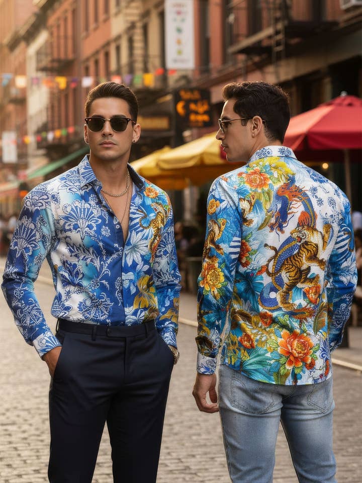 Herrskjorta med strass och blommigt drakmönster, långärmad 5SPR14 för wholesale av BARABAS