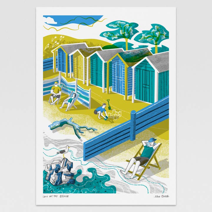 "Day at the Beach" digitally printed print for wholesale by John Bloor Printmaker