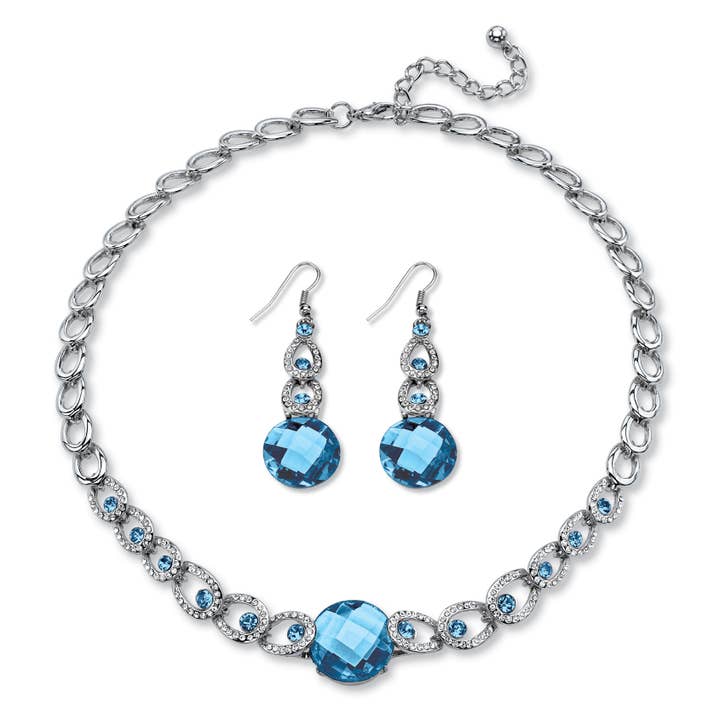 Simulated Birthstone Necklace and Earrings Set in Silvertone for wholesale by PalmBeach Jewelry