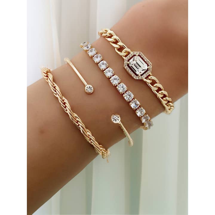 Gold 4pcs Diamond Chained Braided Bangle Bracelet Set for wholesale on Faire