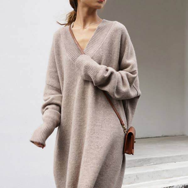 Stylish Long Sleeves Loose Solid Color V-Neck Sweater Dresses for wholesale by UZ Wholesale Store