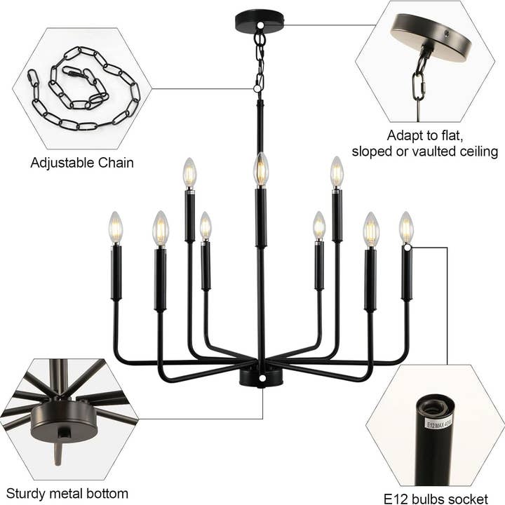 Black Farmhouse Chandelier 9 Light Dining Room Rustic for wholesale on Faire6