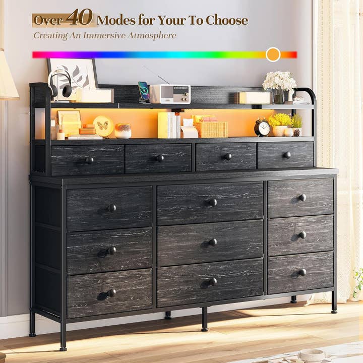 51.2 Inch Wide Black Dresser With 13 Drawers And LED Lights for wholesale on Faire2