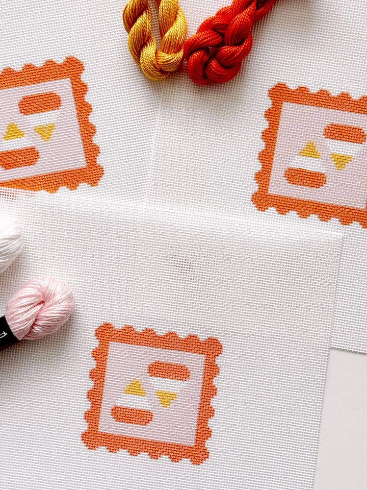 Candy Corn Stamp Needlepoint Canvas – 18 Mesh Zweigart Mono Deluxe, 2.7" Hand Painted Fall Halloween Mini for wholesale by Cotswold Co Designs