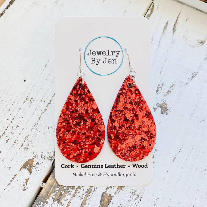 Medium Teardrop Earrings: Chunky Red Glitter for wholesale by Jewelry By Jen