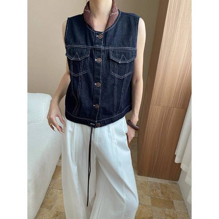 Loose Denim Vest With Contrast Stitching for wholesale by Ekartini
