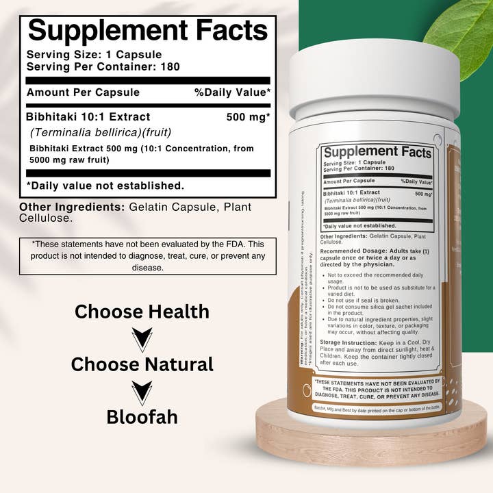 Bloofah - Vendita all'ingrosso Vitamine/integratori orali - Capsule di Bibhitaki 500mg | Estratto di Frutta in Polvere 10:1 Non-OGM1