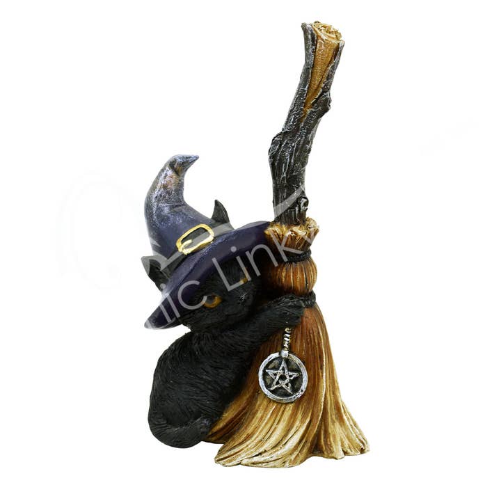 Oceanic Linkways Inc - Wholesale Spiritual Stone/Crystal - Statue - Black Cat With Broom 2.65"L X 1.75"W X 4.5"H0