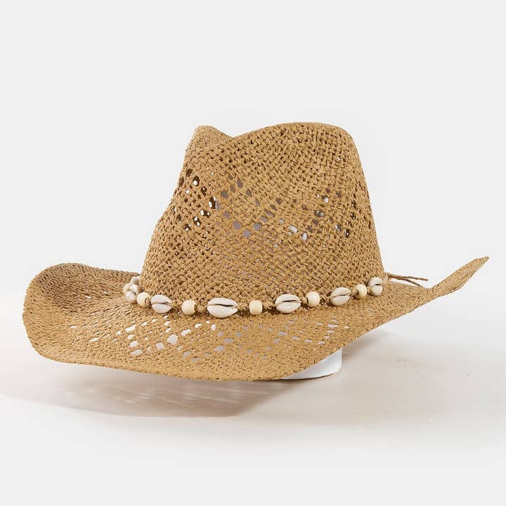 Collections by Fame Accessories - Wholesale Fedora - Women's - Cowrie Shell Straw Braided Cowboy Hat