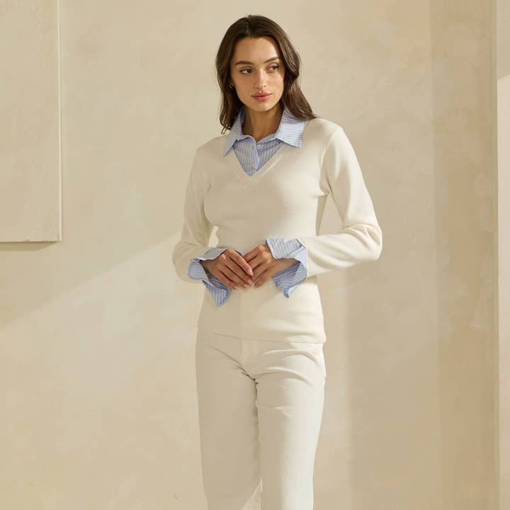 Ivory Sky Sweater Top with Contrast Neck & Cuffs for wholesale on Faire2