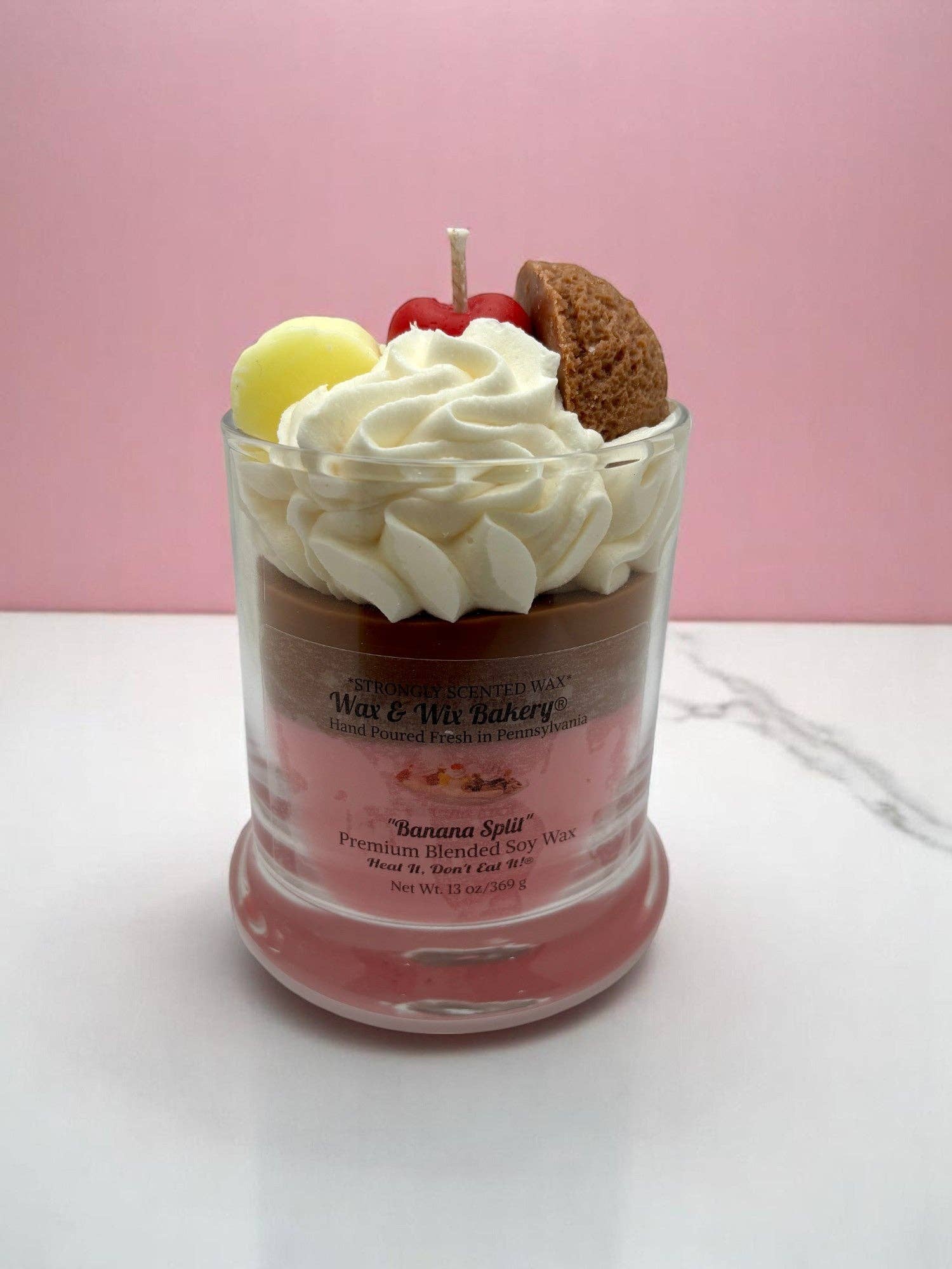 Wax and Wix Bakery® - Wholesale Jar/Filled Candle - Banana Split Candle.13 oz. Large Soy Dessert Candle2
