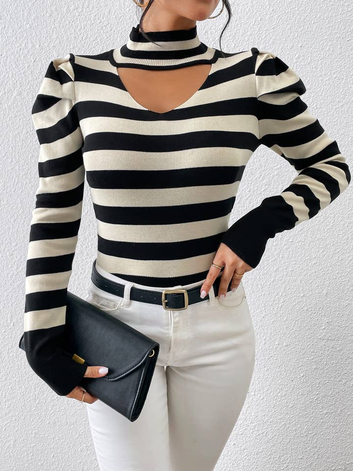 Rosa Clothing - Wholesale Knit Top - Women's - Valentine's Day knitwear cut-out basic stripe pullover top1