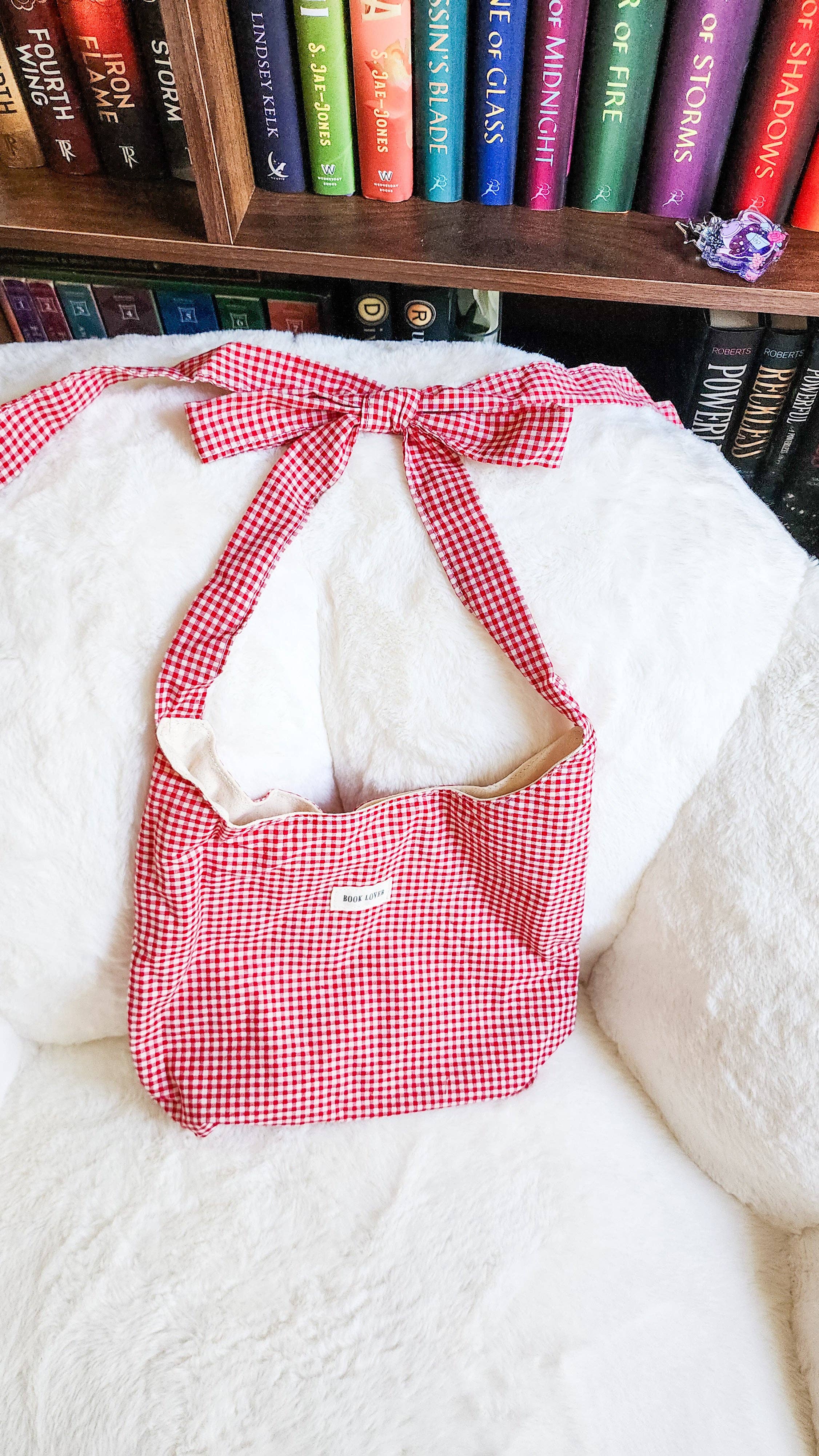 The Bean Workshop - Wholesale Tote Bag - Women's - Book Lover Gingham Cotton Tote Bag with Adjustable Strap2