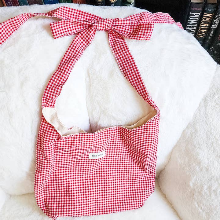 The Bean Workshop - Wholesale Tote Bag - Women's - Book Lover Gingham Cotton Tote Bag with Adjustable Strap2