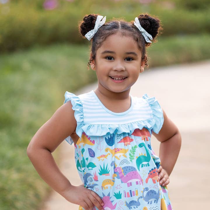 Girls Ice Blue Dino Rama Sleeveless Top & Stripe Bow Shorts for wholesale by Millie Loves Lily