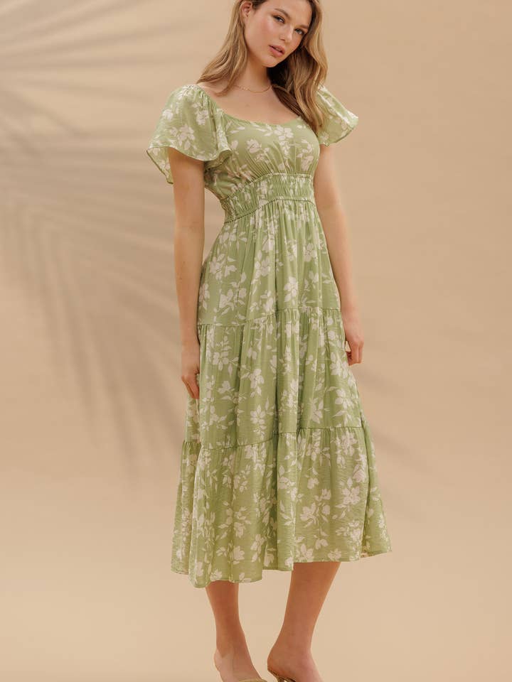 Blu Pepper - Wholesale Dress - Women's - FLORAL SCOOP NECK FLOUNCE SLEEVE TIERED MIDI DRESS