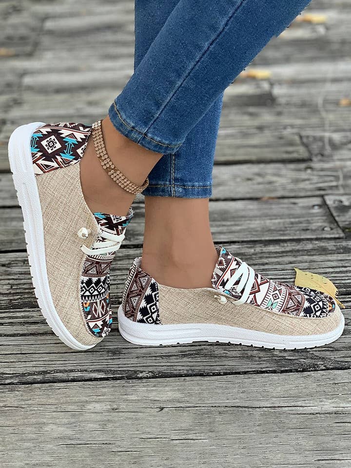 Parchment Brown Vintage Aztec Patchwork Lace-up Decor Flat Shoes for wholesale on Faire