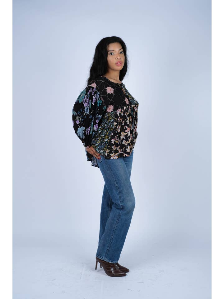 Sacred Threads - Wholesale Blouse - Women's - Midnight Bloom Bohemian Peasant Top