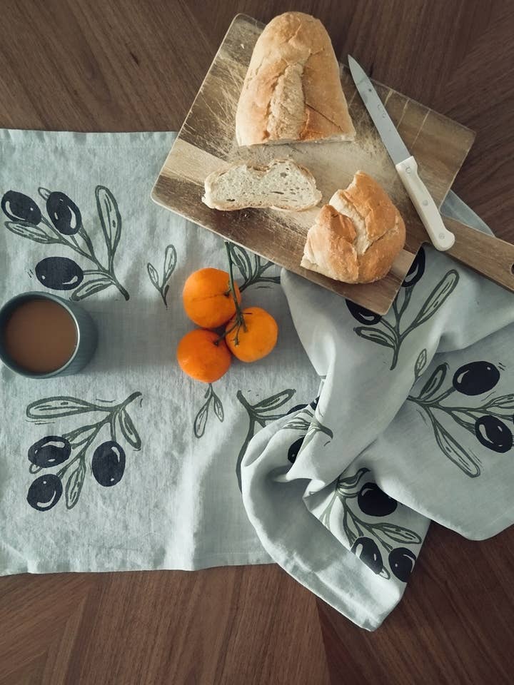 Linnediskhåndklæde med olivengrenprint for engroshandel hos The Ink Job