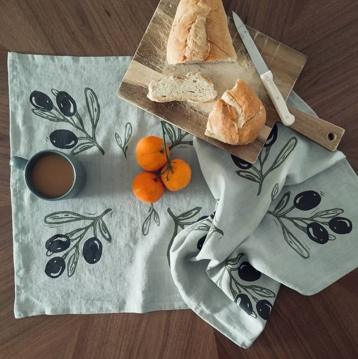 The Ink Job - Wholesale Tea Towel - Linen Tea Towel with Olive Branch Print