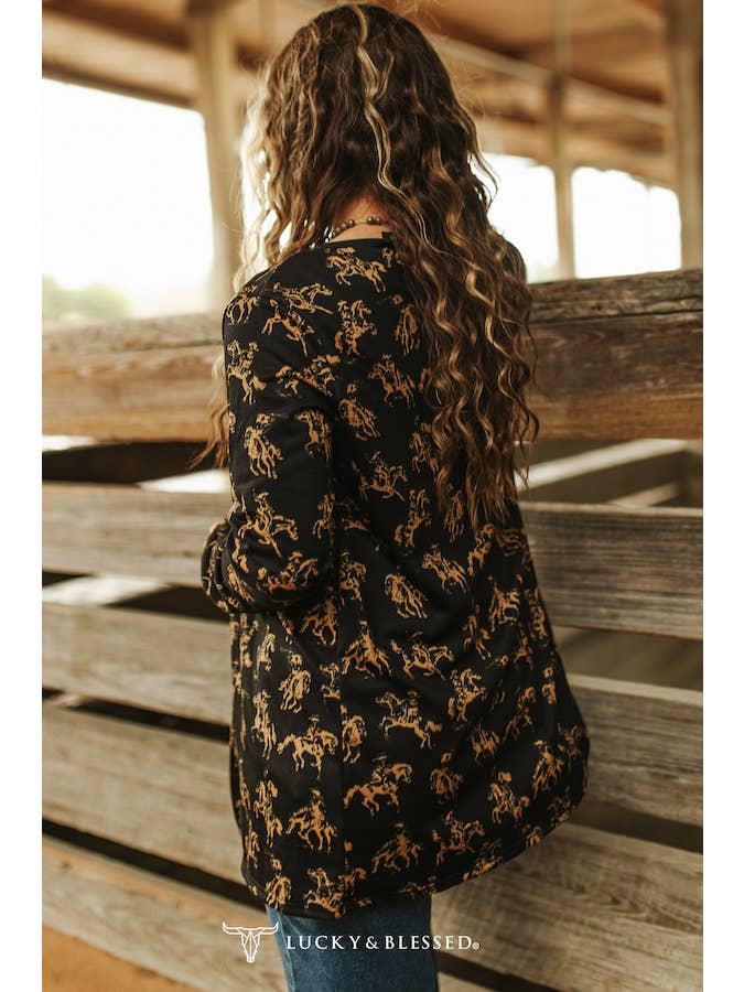 LUCKY & BLESSED - Wholesale Cardigan - Women's - Plus Black Cowgirl Printed French Terry Long Sleeve Cardigan