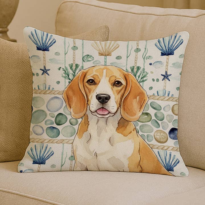 Lemon and White Beagle Coastal Sea Glass Pillow 14x14 WDK69 for wholesale by Caroline's Treasures