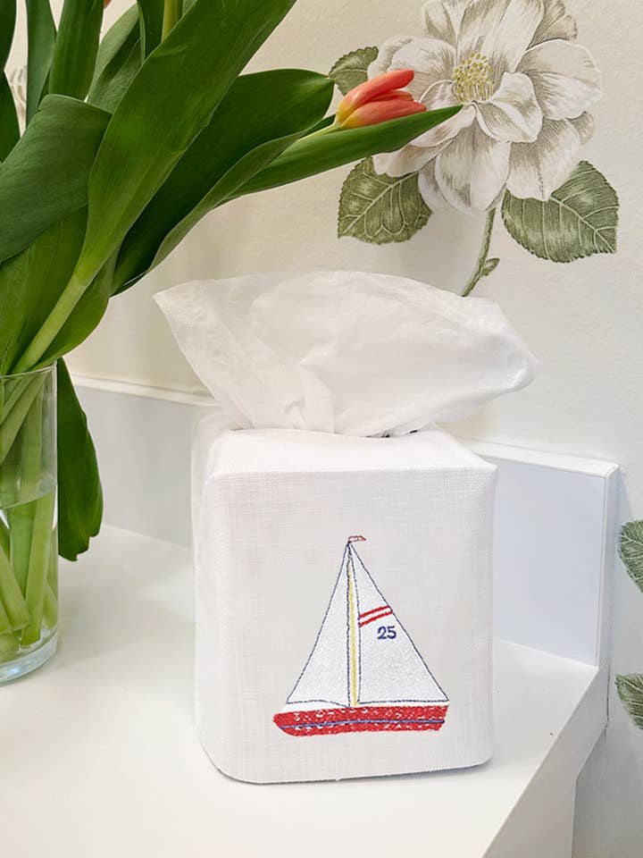 Tissue Box Cover, Sailboat (Red/White) for wholesale by Jacaranda Living